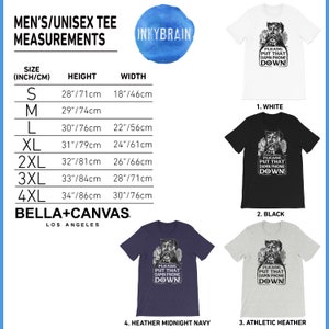 Pode incluir: Tabela de tamanhos para t-shirts unissex com medidas em polegadas e cent&iacute;metros. A tabela mostra a altura e a largura das t-shirts em diferentes tamanhos, do S ao 4XL. A tabela tamb&eacute;m inclui o nome da marca Bella + Canvas e o texto "Please put that damn phone down!" em um design gr&aacute;fico.