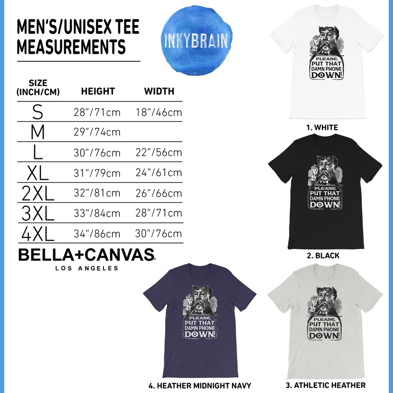 Pode incluir: Tabela de tamanhos para t-shirts unissex com medidas em polegadas e cent&iacute;metros. A tabela mostra a altura e a largura das t-shirts em diferentes tamanhos, do S ao 4XL. A tabela tamb&eacute;m inclui o nome da marca Bella + Canvas e o texto "Please put that damn phone down!" em um design gr&aacute;fico.