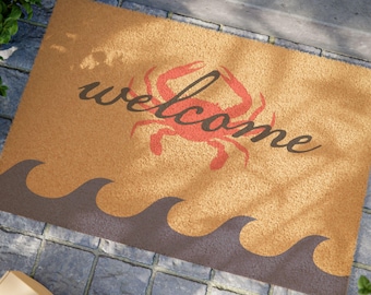 Paillasson de bienvenue en crabe côtier, décoration de maison de plage, tapis d'entrée nautique en fibre de coco, thème de l'océan, tapis de véranda, cadeau pour la maison en bord de mer