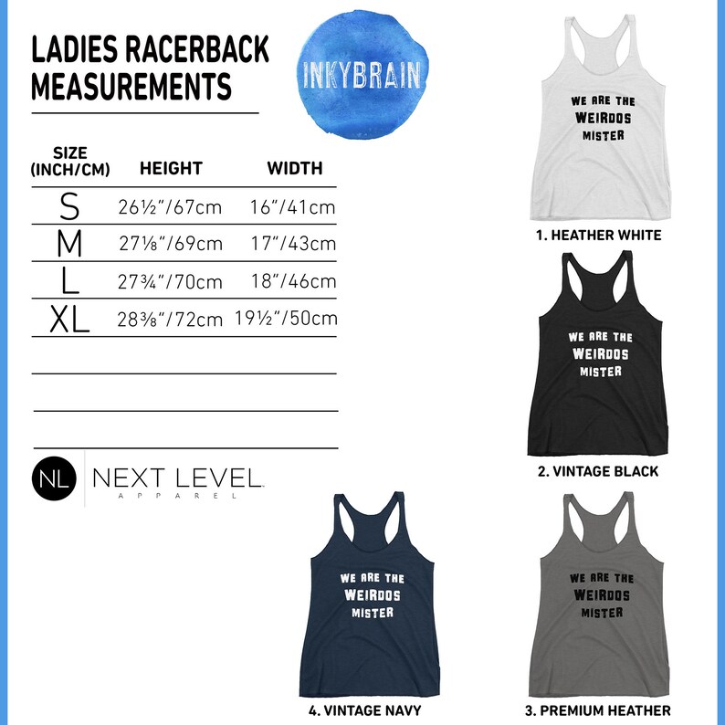 May include: A size chart for racerback tank tops with height and width measurements in inches and centimeters. Four tank tops are displayed in heather white, vintage black, premium heather, and vintage navy, each with the text WE ARE THE WEIRDOS MISTER.
