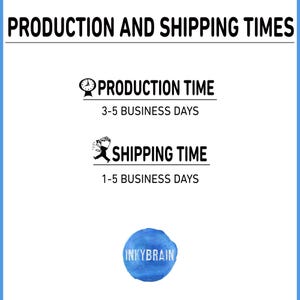 May include: A white informational graphic with black text reading PRODUCTION AND SHIPPING TIMES, PRODUCTION TIME 3-5 BUSINESS DAYS, and SHIPPING TIME 1-5 BUSINESS DAYS. Icons of a clock and a person running are included, with a blue watercolor circle.