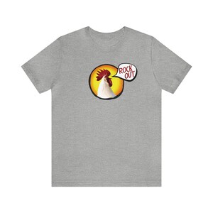 Rock Out Rooster Funny Rock and Roll Slogan Music Lovers T Shirt for Him Concert Wear Tee for Her Unisex Jersey Short Sleeve Tee Athletic Heather