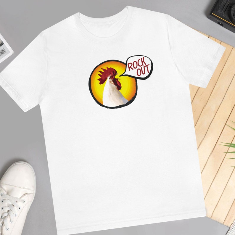 Rock Out Rooster Funny Rock and Roll Slogan Music Lovers T Shirt for Him Concert Wear Tee for Her Unisex Jersey Short Sleeve Tee image 1