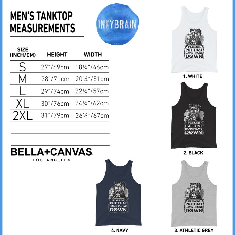 Pode incluir: Uma regata para homem com o texto "Please put that damn phone down!" impresso nela. A regata est&aacute; dispon&iacute;vel em cinco cores: branco, preto, cinza atl&eacute;tico, azul marinho e cinza mescla. A regata est&aacute; dispon&iacute;vel nos tamanhos S, M, L, XL e 2XL. A regata &eacute; feita pela Bella + Canvas.