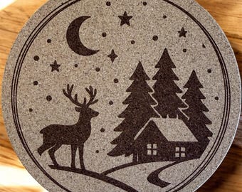 Deer and Cabin Mountain Scene Cork Coaster