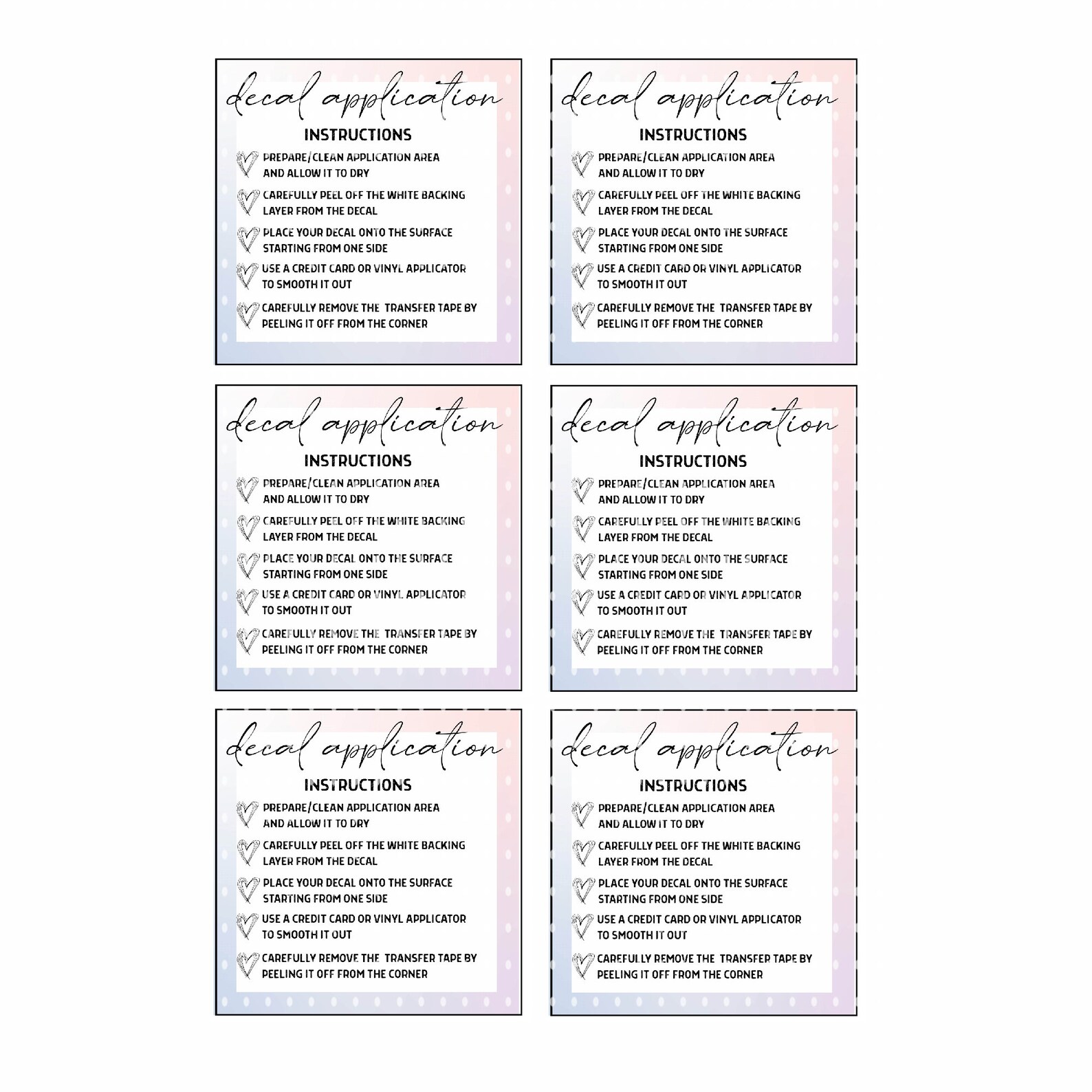 DECAL Application Instructions, DECAL Packaging Insert Card , Colorful ...