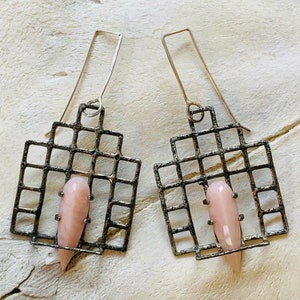 Brutalist Pink Opal Earrings: Handmade Perforated Steel Jewelry