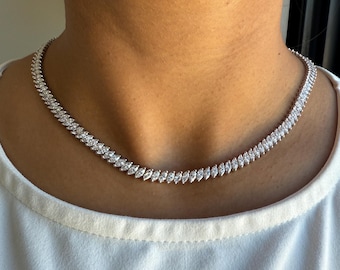 Marquise Diamond Tennis Necklace, 14K White Gold Diamond Necklace, Unique Diamond Necklace