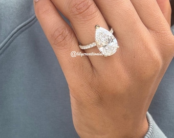 Pear Cut Diamond Ring, Pear Cut Engagement Ring, 14K White Gold 5 Carat Diamond Ring. 5 Carat Pear Cut Hidden Halo Ring