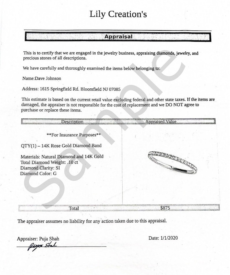 Puede incluir: Documento de tasaci&oacute;n para una banda de diamantes de oro rosa de 14 quilates con un peso total de diamantes de 0,10 ct. La banda est&aacute; tasada en 875 $. El documento est&aacute; fechado el 1/1/2020 y firmado por la tasadora Puja Shah.