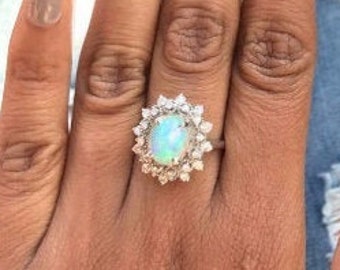 Opal Diamond Ring, Ethiopian Opal Diamond Ring, Unique Opal Engagement Ring Unique Diamond Opal Ring, Womens Opal and Diamond Ring.