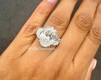 8 Carat Diamond Engagement Ring, Oval Diamond Ring, Big Oval Engagement Ring, 3 Stone Oval Diamond Ring. Half Moon 3 Stone Ring