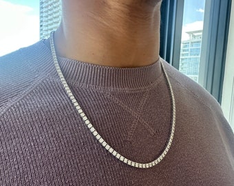 White Gold Mens Diamond Tennis Necklace, Mens Diamond Tennis Chain in 14K White Gold. White Gold Diamond Tennis Necklace
