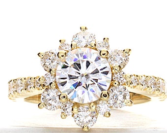 14K Gelbgold Diamant Verlobungsring, Diamant Verlobungsring, Blume Diamant Ring, Blume Diamant Verlobungsring. 14K Gelbgold Ring