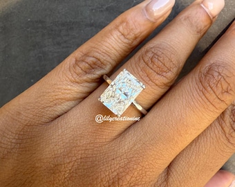 4カラットの隠しハローラディアントダイヤモンド婚約指輪、14Kホワイトゴールドリング