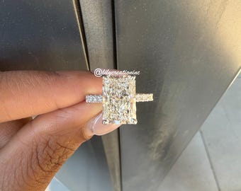 4 Carat Radiant Diamond Engagement Ring, 4 Carat Hidden Halo Diamond Engagement Ring. 14K White Gold Hidden Halo Pave Diamnd Ring.