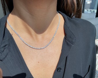 White gold diamond tennis necklace. Women’s diamond necklace in 14k white gold. 14k white gold diamond necklace