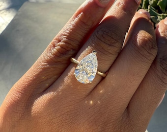 3.5 Carat Pear Diamond Engagement Ring in 14k Yellow Gold, Hidden Halo Engagement Ring. Classic Diamond Ring