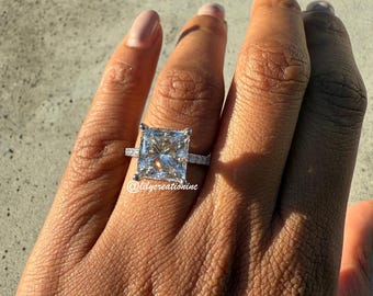 Princess Cut Diamond Ring, Princess Cut Engagement Ring, 14K White Gold 5 Carat Diamond Ring. 5 Carat Princess Cut Hidden Halo Ring
