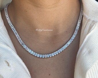 Unique Diamond Tennis Necklace. Emerald Cut Diamond Tennis Necklace. White Gold Diamond Tennis Necklace, Emerald Cut Diamond Necklace