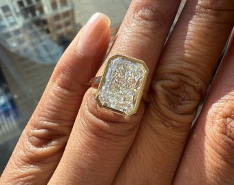 5 Carat Radiant Lab Diamond Ring, Solid Gold Bezel Engagement Ring, 14K Yellow Gold Diamond Engagement Ring