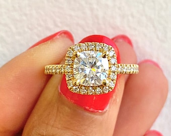 14K Yellow Gold Diamond Engagement Ring. 2 Carat Diamond Ring. Halo Diamond Engagement Ring. 2 Carat Halo Diamond Ring.