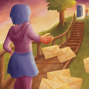 May include: A woman in a purple sweater and blue skirt walks away from a wooden staircase with envelopes on it. The envelopes are addressed to Matthew, Lucas, Roxie, Magi, and Gideon.