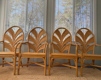 Vintage Rattan Dining Chairs Set of 4 – Palm Beach Regency Bamboo Chairs – Coastal Wicker Peacock Back Chairs – Boho Tropical