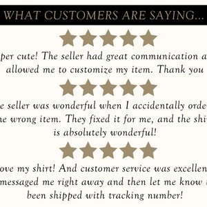 May include: Five-star customer reviews for a shop, highlighting the seller's great communication, customization options, and excellent customer service. The reviews mention a positive experience with a shirt purchase.