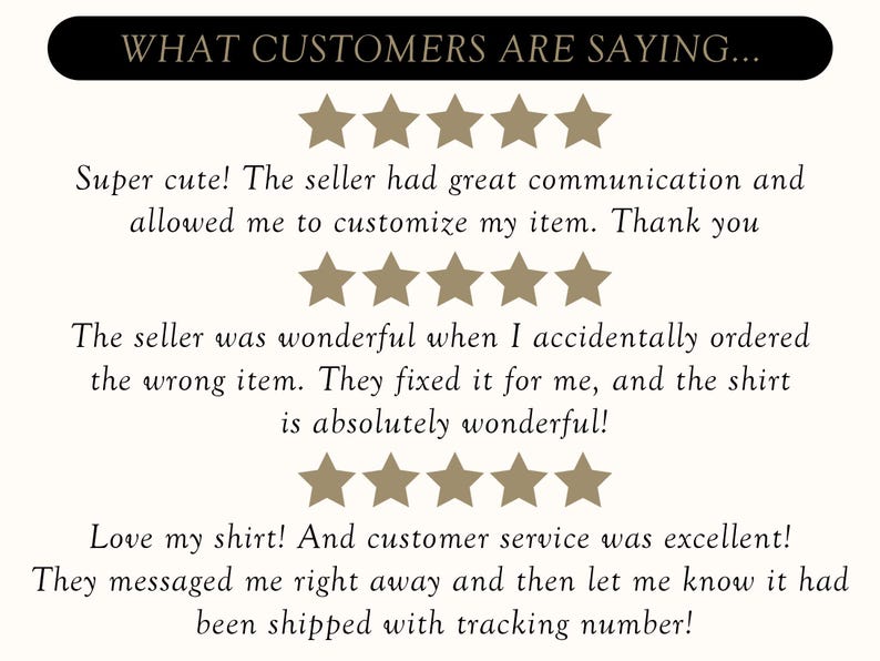 May include: Five-star customer reviews for a shop, highlighting the seller's great communication, customization options, and excellent customer service. The reviews mention a positive experience with a shirt purchase.