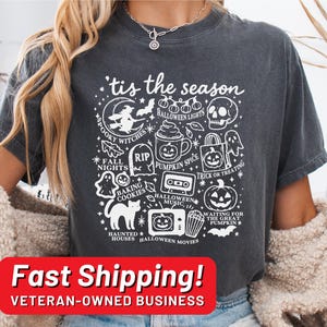 Vintage Halloween Comfort Colors® Shirt, Tis&#39; the Season, Retro Halloween Aesthetic, Women&#39;s Halloween Shirt, Pumpkin Witch Graphic Tee