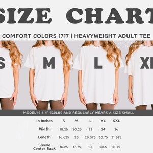 May include: Size chart for a heavyweight adult tee shirt in sizes S, M, L, XL, and XXL. The chart shows measurements in inches for width, length, sleeve, and center back.