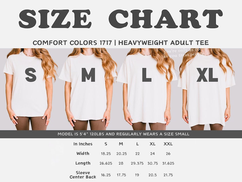 May include: Size chart for a heavyweight adult tee shirt in sizes S, M, L, XL, and XXL. The chart shows measurements in inches for width, length, sleeve, and center back.