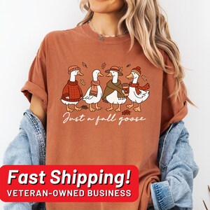 Peut inclure: T-shirt couleur rouille avec une illustration de quatre oies v&ecirc;tues de tenues d'automne. Les oies portent des pulls, des &eacute;charpes et des chapeaux, l'une d'elles tenant une tasse de caf&eacute;. Le texte "Just a fall goose" est en dessous.
