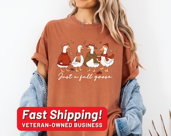 Comfort Colors® Fall Goose Shirt, Cozy Fall Tee, Autumn Animal Shirt, Cute Goose Shirt, Pumpkin Coffee T-Shirt, Just A Fall Goose T-Shirt