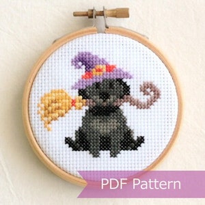 The Witch's Assistant cross stitch PDF - Halloween Black Dog with Broomstick embroidery - Instant download - Small