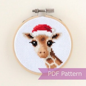 Giraffe trägt Weihnachtsmütze Kreuzstich PDF - Weihnachtsstickerei - Kleiner Download