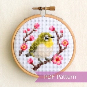 Warbling White Eye cross stitch PDF - Mejiro embroidery - Instant download - Small