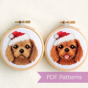 Ruby Cavalier King Charles Spaniels wearing Santa hat cross stitch PDF bundle - Christmas embroidery - Instant download - Small