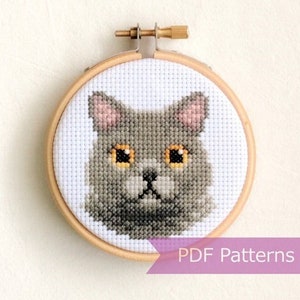 Patrón de punto de cruz de gato gris en PDF - Bordado de gato gris con ojos amarillos/azules - Descarga instantánea - Pequeño