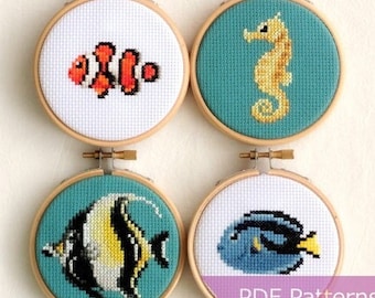 Tropical fish cross stitch pattern bundle - Set of 4 tropical fish patterns - Instant Download PDFs