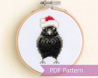 Crow wearing Santa hat cross stitch PDF - Christmas embroidery - Instant download - Small
