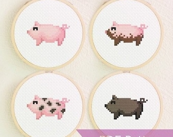 Pig cross stitch patterns bundle - Set of 4 PDF patterns (pink pig + muddy pig + spotted pig + black pig) - Instant Download PDF - Small