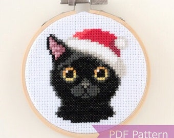Black Cat wearing Santa hat cross stitch PDF - Christmas embroidery - Instant download - Small