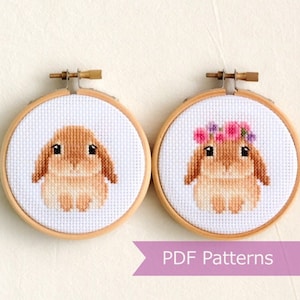Lop-eared Brown Rabbit cross stitch pattern PDF bundle - Bunny + Bunny wearing flower crown -  Instant download - Small