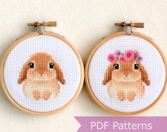 Lop-eared Brown Rabbit cross stitch pattern PDF bundle - Bunny + Bunny wearing flower crown -  Instant download - Small