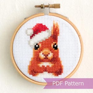 Schema per punto croce di uno scoiattolo rosso con cappello di Babbo Natale in formato PDF - Ricamo natalizio - Download immediato - Piccolo