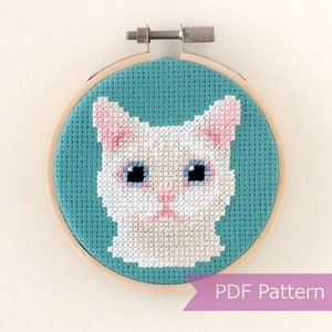 White Cat cross stitch pattern PDF - White Cat with blue/yellow/odd-eyed embroidery - Instant download - Small