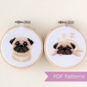 Pug cross stitch pattern PDF bundle - Pug + Sleeping pug embroidery -  Instant download - Small