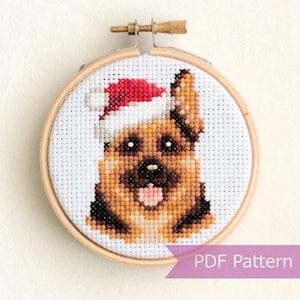German Shepherd wearing Santa hat cross stitch PDF - Christmas embroidery - Instant download - Small